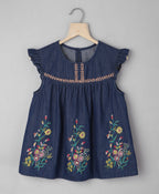 Ruffle at Shoulder Top with Big Bunches of Embroidery - Navy