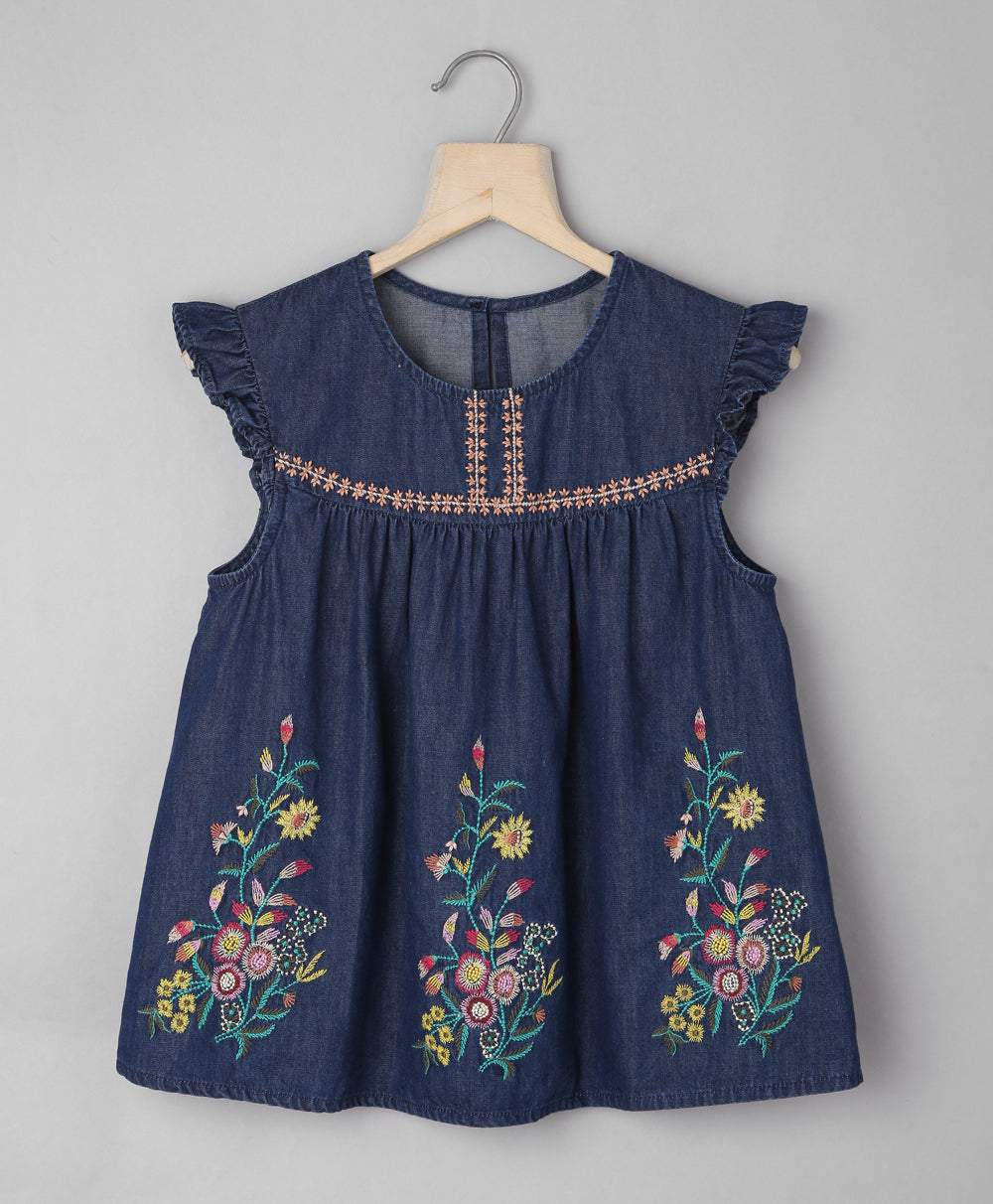 Ruffle at Shoulder Top with Big Bunches of Embroidery - Navy