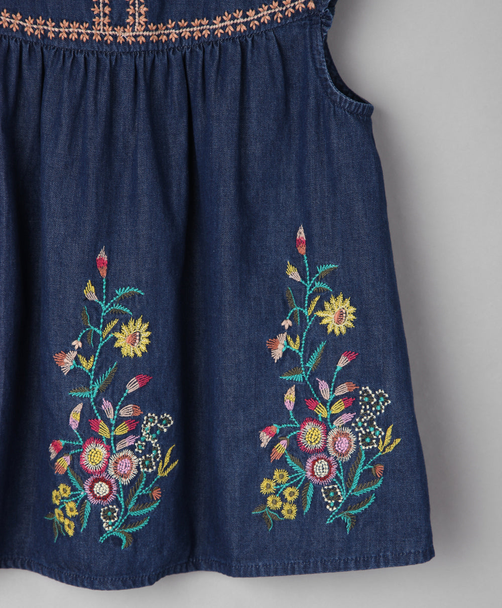 Ruffle at Shoulder Top with Big Bunches of Embroidery - Navy