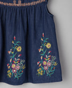 Ruffle at Shoulder Top with Big Bunches of Embroidery - Navy