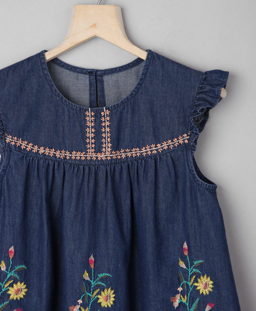 Ruffle at Shoulder Top with Big Bunches of Embroidery - Navy