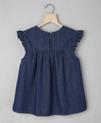 Ruffle at Shoulder Top with Big Bunches of Embroidery - Navy