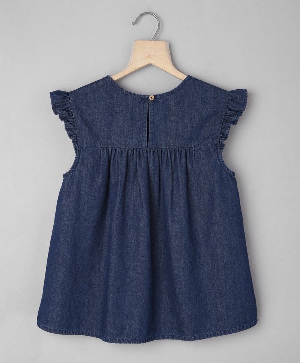 Ruffle at Shoulder Top with Big Bunches of Embroidery - Navy