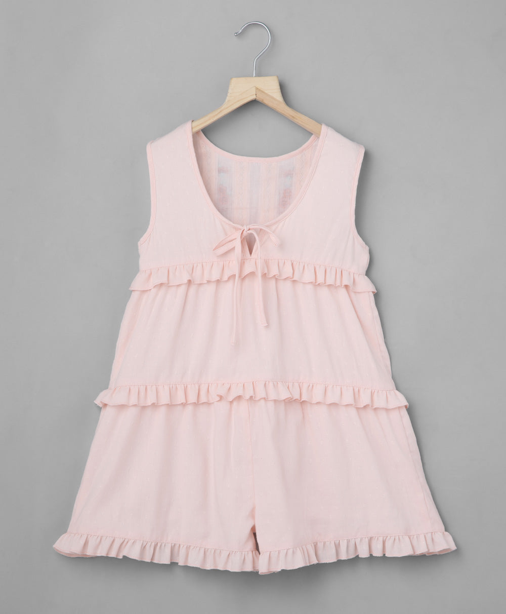 Dobby Playsuit with Ditsy Floral Embroidery - Pink