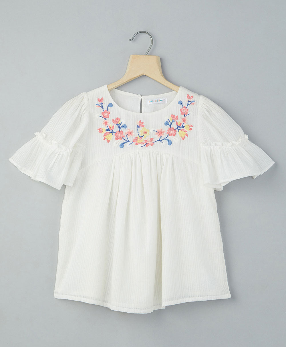 Cotton Dobby Top With Multicoloured Embroidery - White
