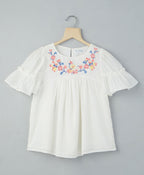 Cotton Dobby Top With Multicoloured Embroidery - White