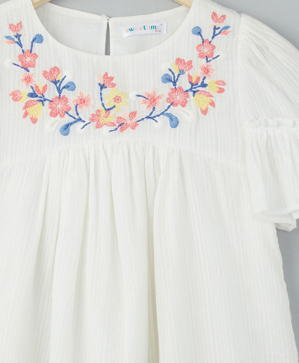Cotton Dobby Top With Multicoloured Embroidery - White