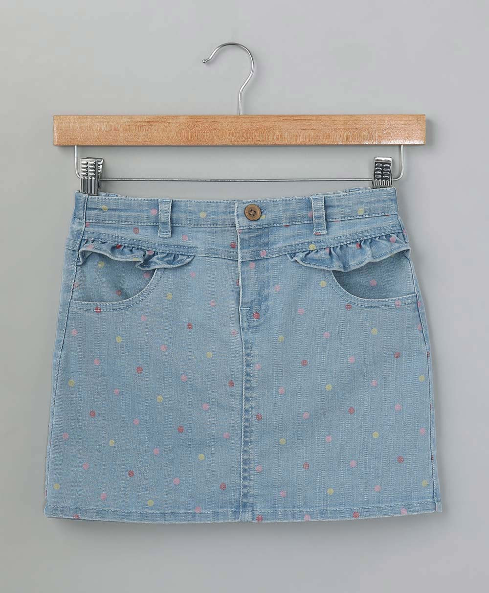 Cotton Multicolored Polka Dots Denim Skirt - Blue