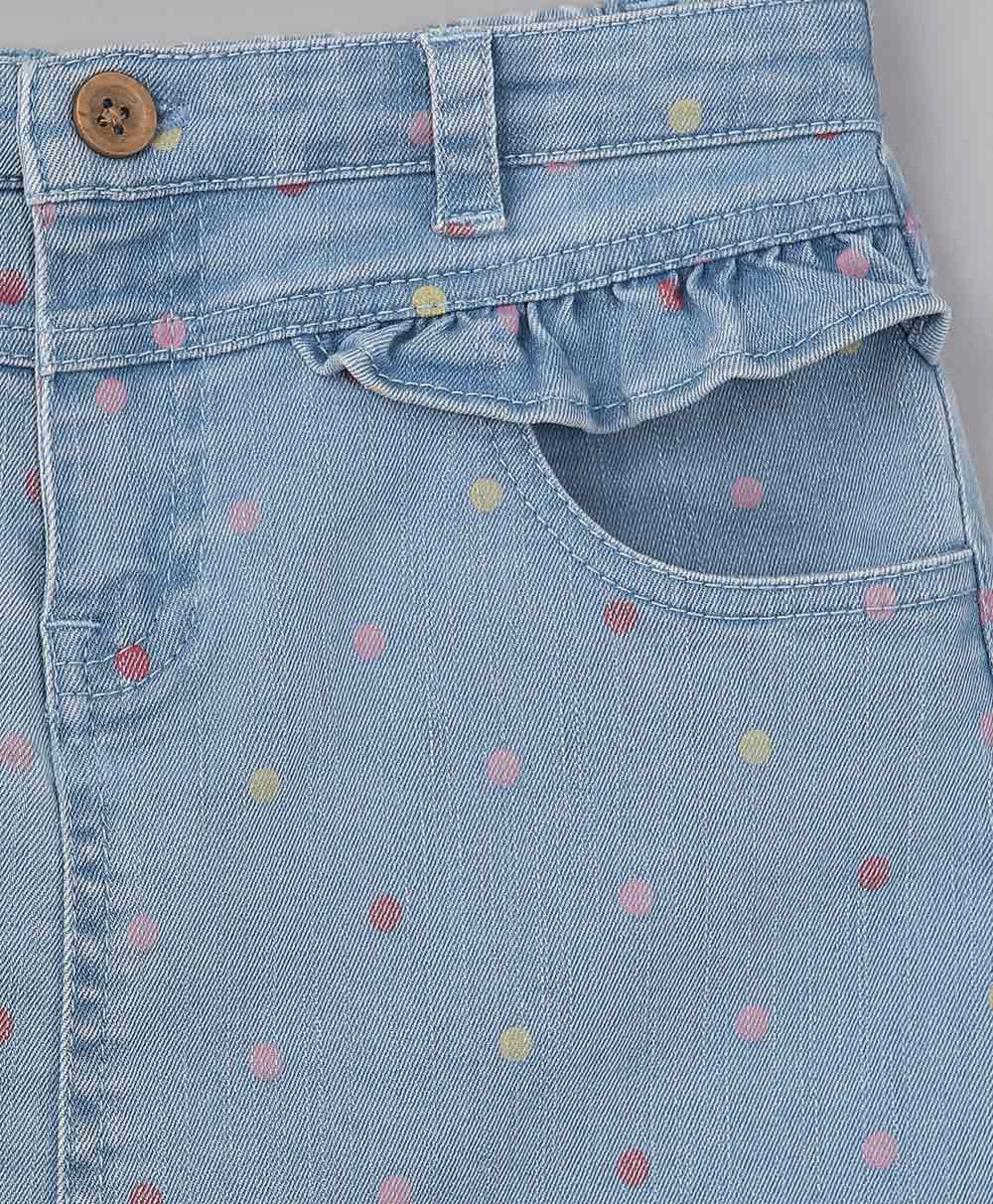 Cotton Multicolored Polka Dots Denim Skirt - Blue