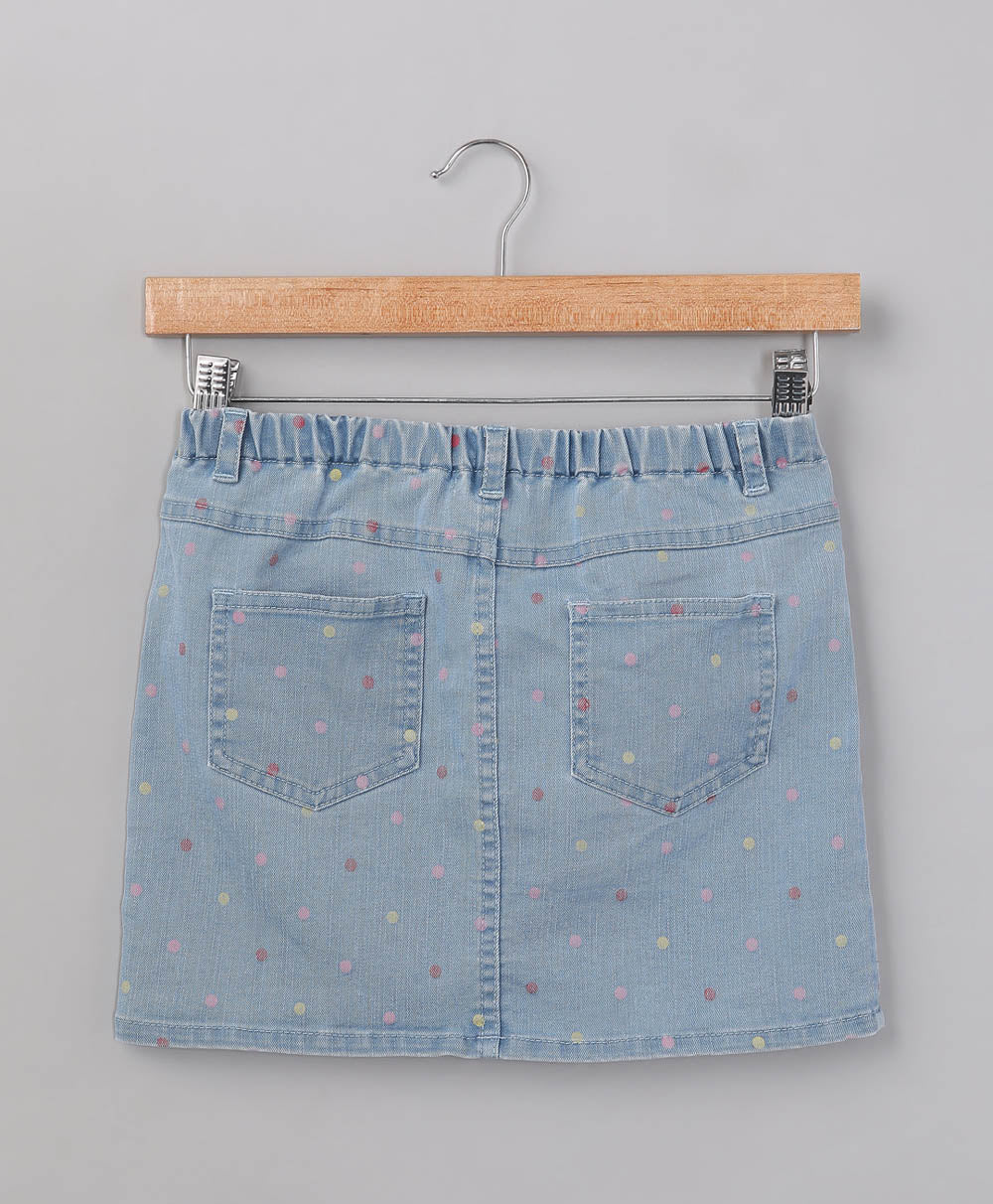 Cotton Multicolored Polka Dots Denim Skirt - Blue