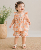 Peach Blossom Cotton Top & Shorts Co-ord Set - Peach & Orange
