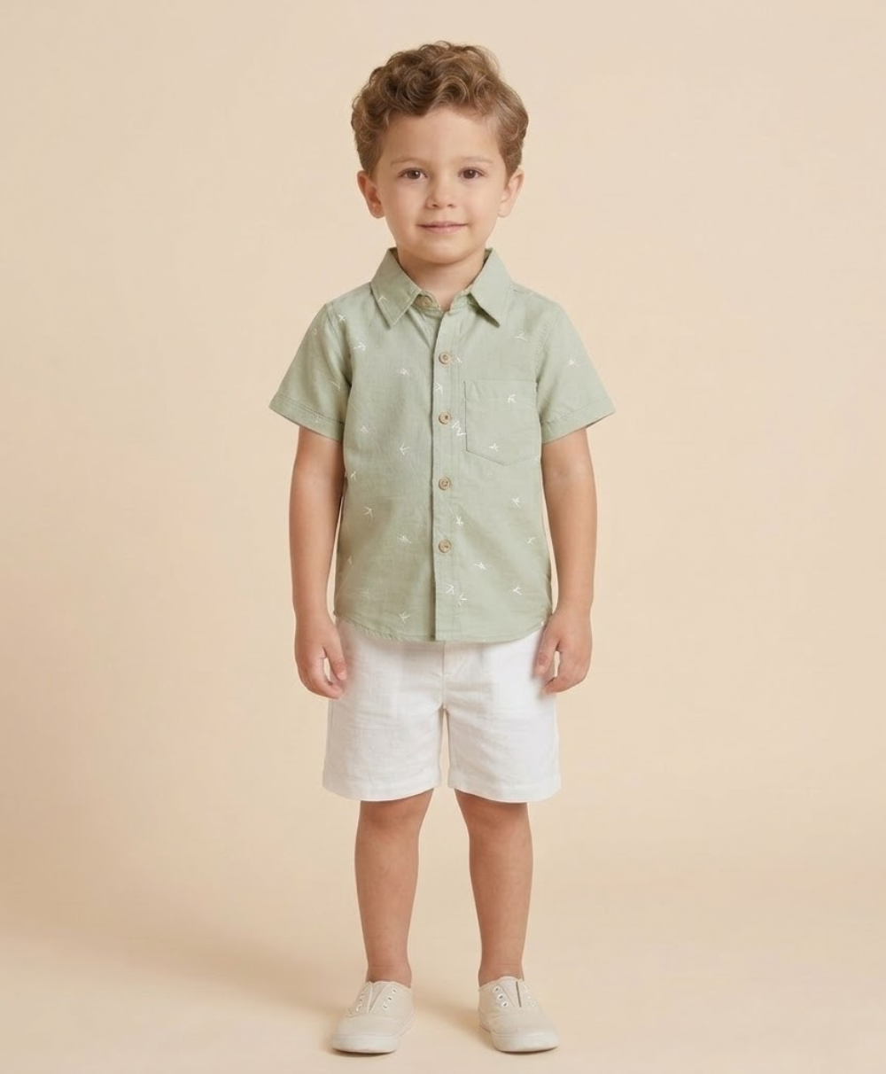 Bird Print Cotton Poplin Boys Shirt - Green