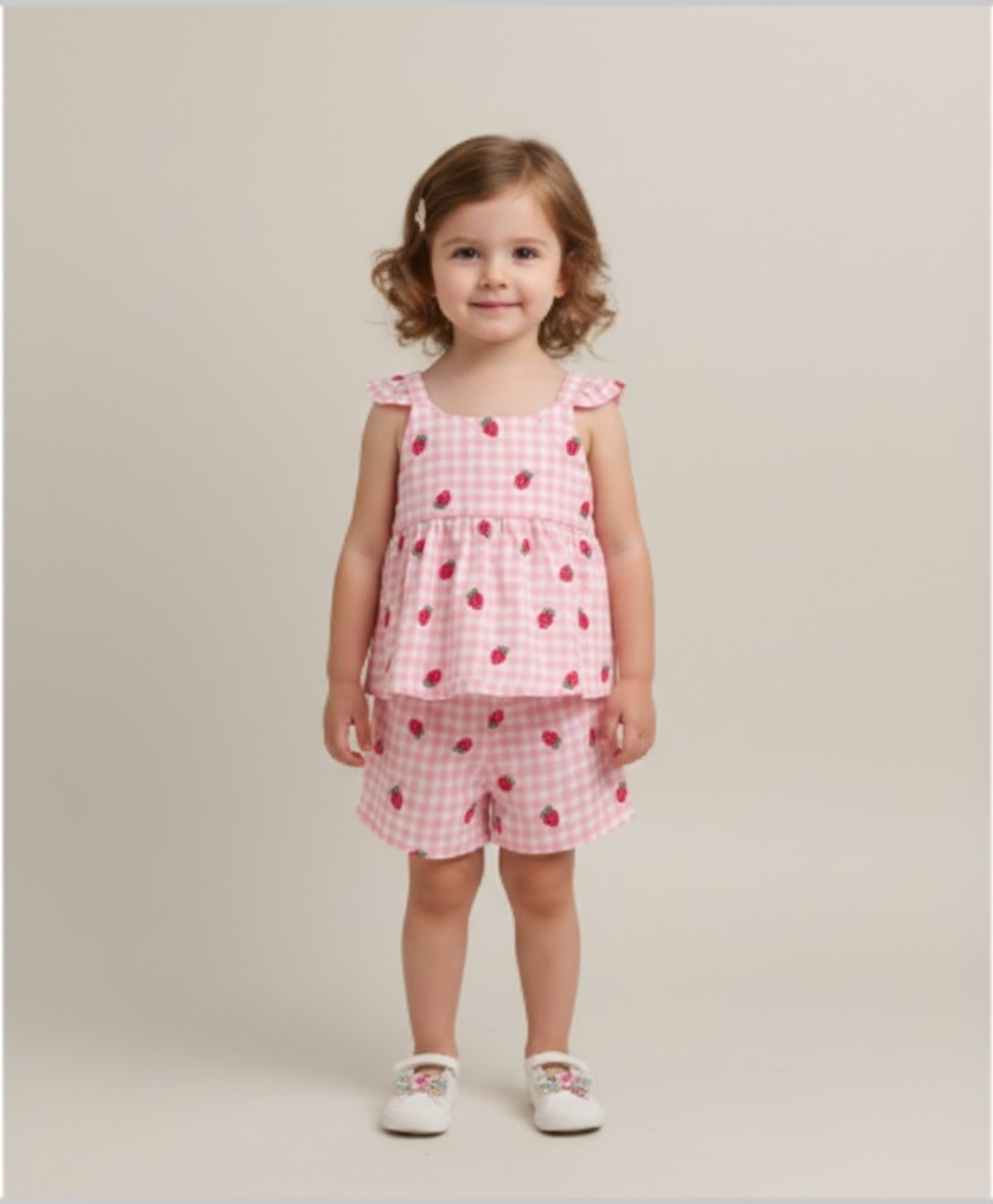 Organic Cotton Strawberry Bliss Baby Girl Top & Shorts Set - Pink