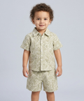 Leaf Printed Cotton Linen Shirt & Shorts Boys Co-ord Set - Olive