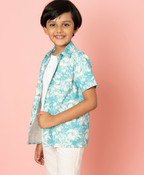 Blue and White Floral Printed Shirt - White