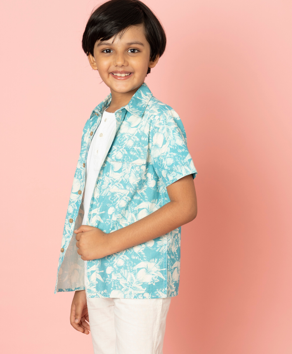 Blue and White Floral Printed Shirt - White