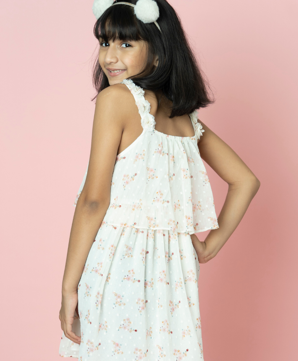 Floral Dobby Printed Layered Dress - White