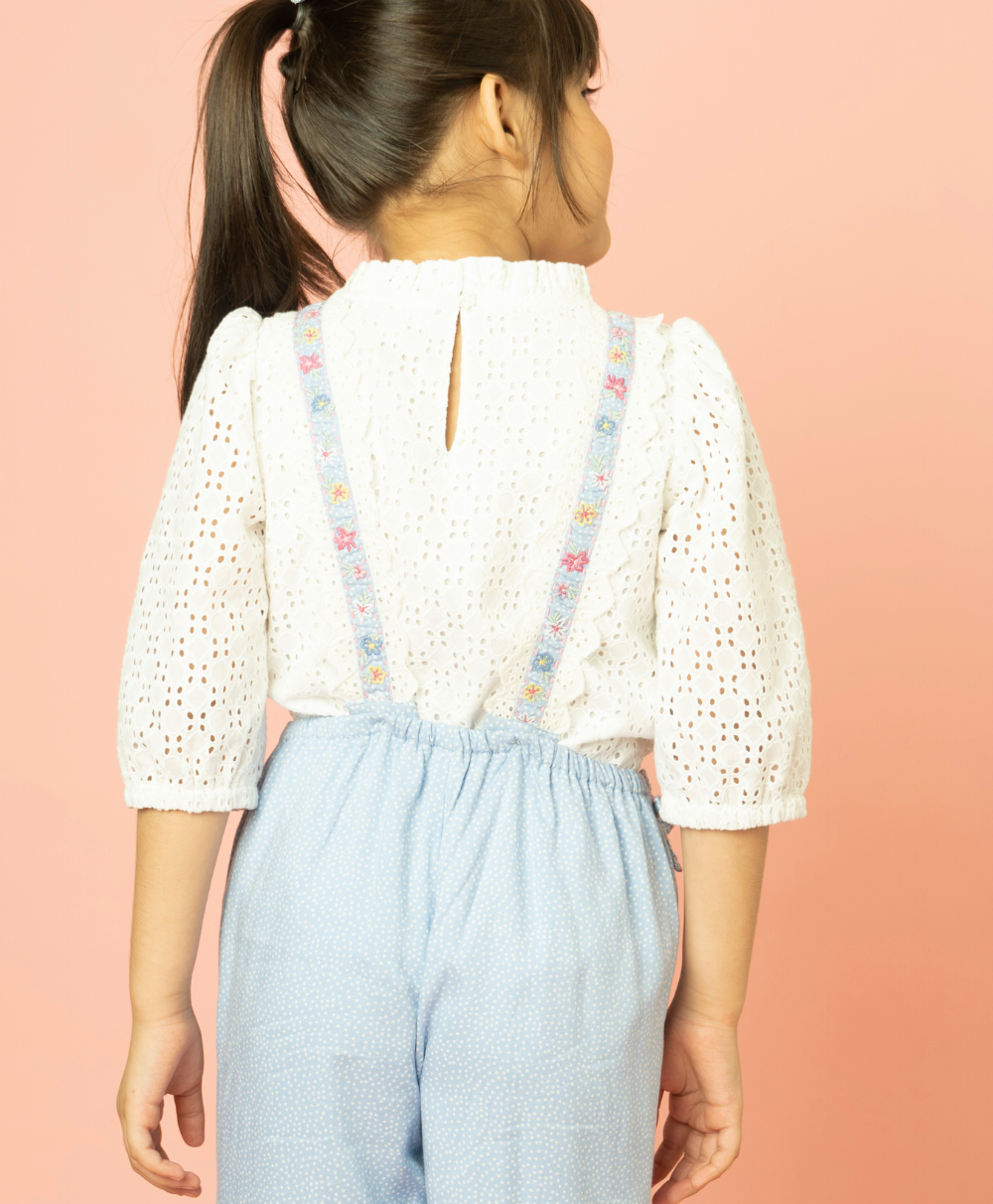 Polka Dot and Floral Embroidery Playsuit with a White Schiffley All-over Embroidery Top - Blue & White