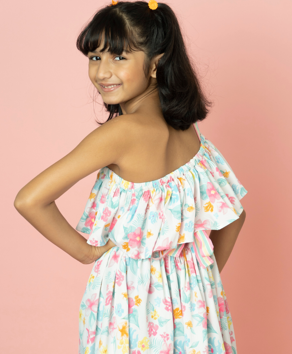 Neon Floral Printed Dress - White