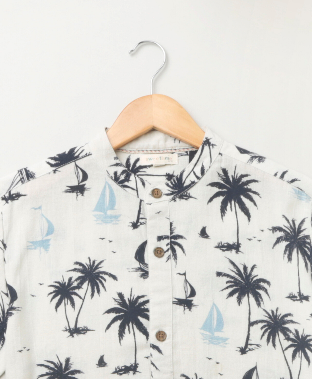 Sail Boat and Palm Tree Print Cotton Shirt - White