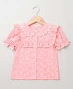 Butterfly Printed Cotton Top with Striped Skirt - Pink & White