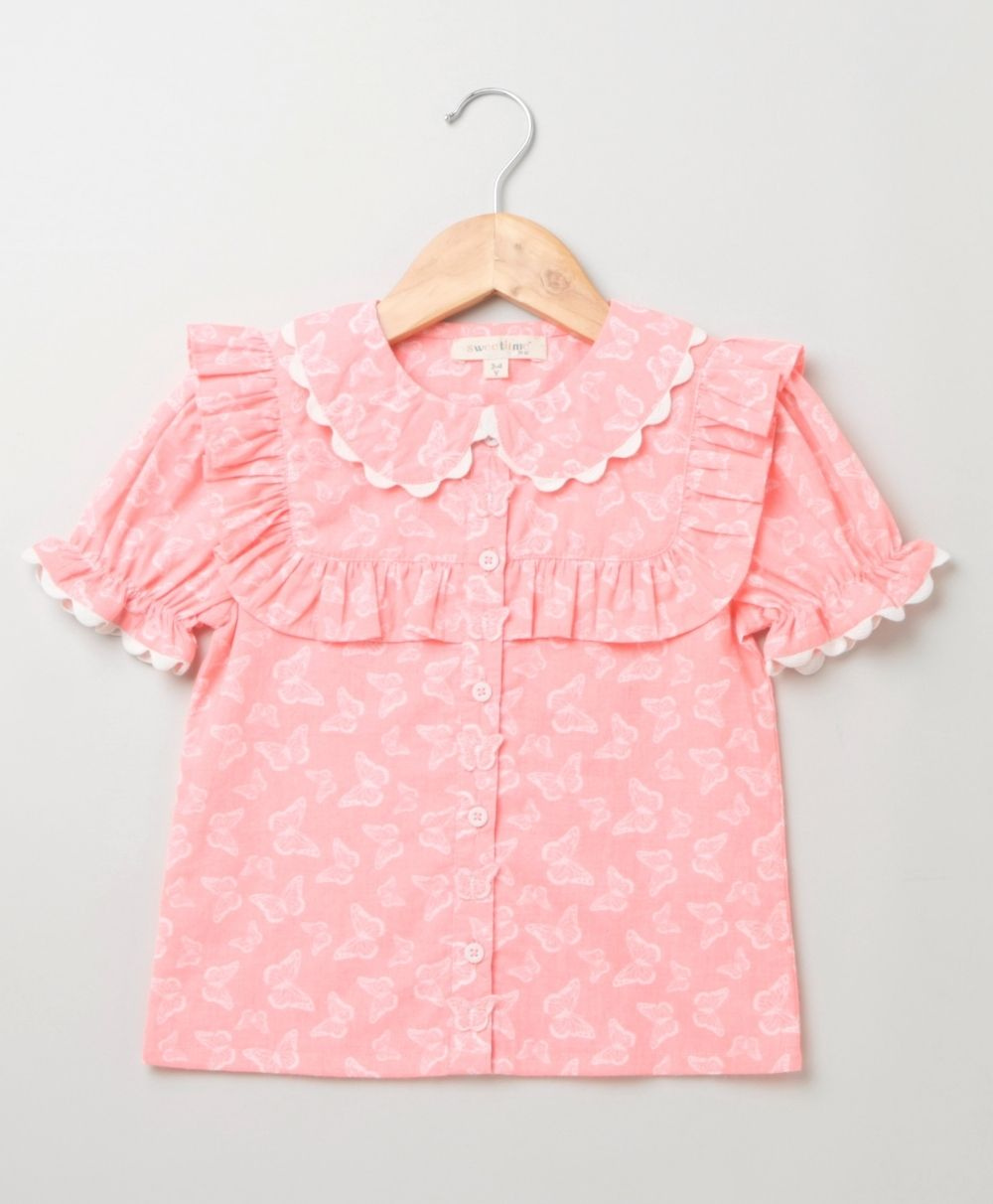 Butterfly Printed Cotton Top with Striped Skirt - Pink & White
