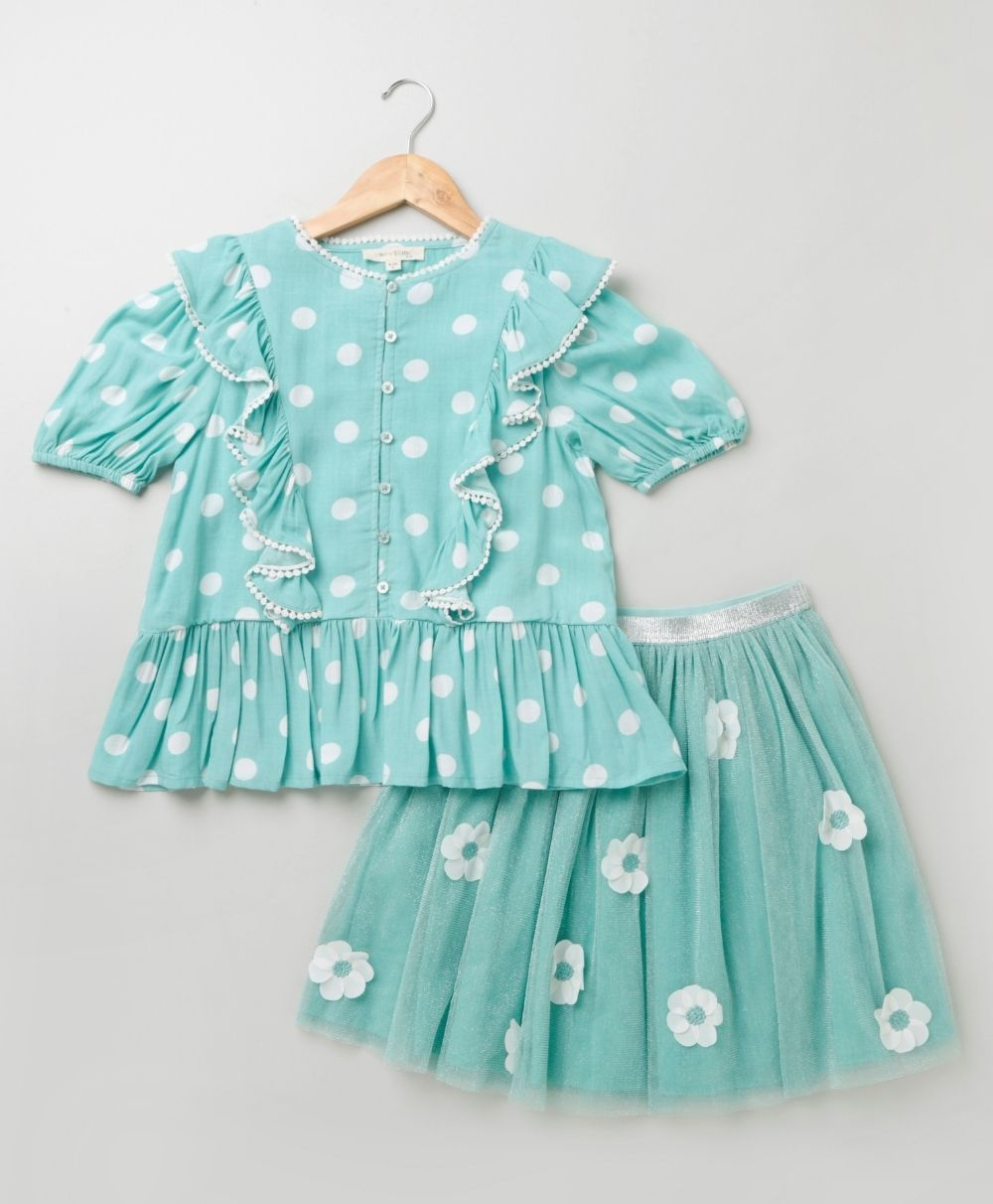 Polka Dot Printed Top and a Mesh Shimmer Skirt Co-ord Set - Green
