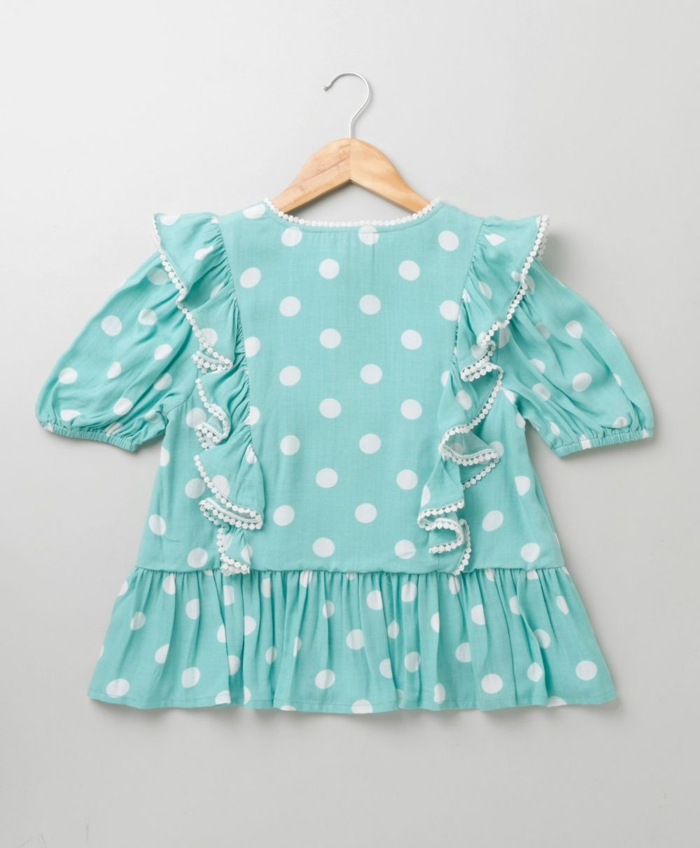 Polka Dot Printed Top and a Mesh Shimmer Skirt Co-ord Set - Green