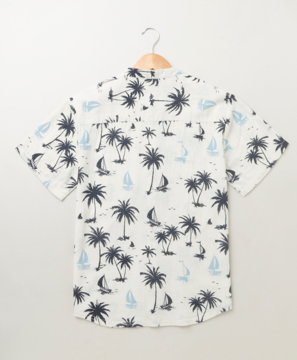 Sail Boat and Palm Tree Print Cotton Shirt - White