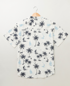 Sail Boat and Palm Tree Print Cotton Shirt - White