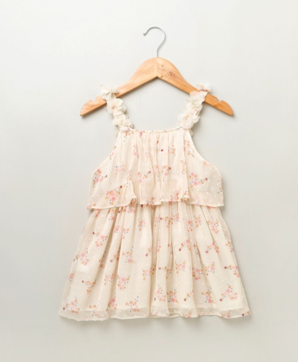 Floral Dobby Printed Layered Dress - White