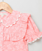 Butterfly Printed Cotton Top with Striped Skirt - Pink & White