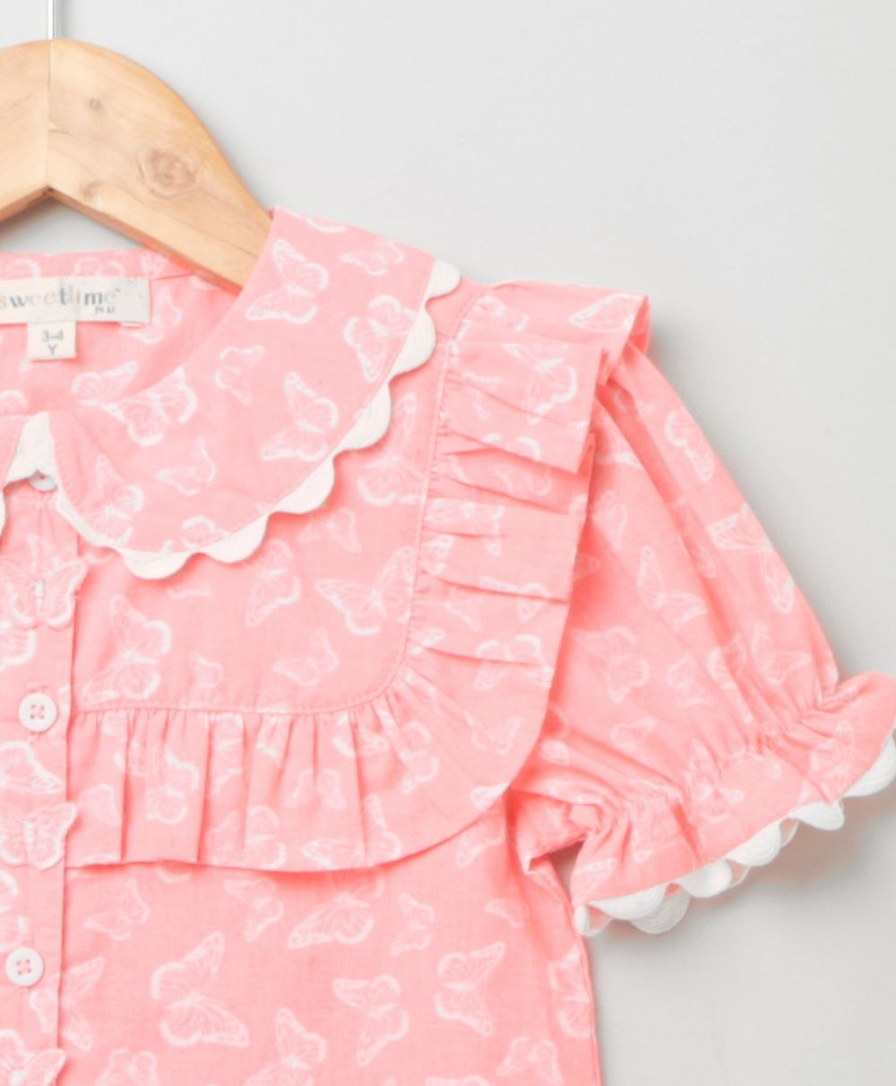 Butterfly Printed Cotton Top with Striped Skirt - Pink & White