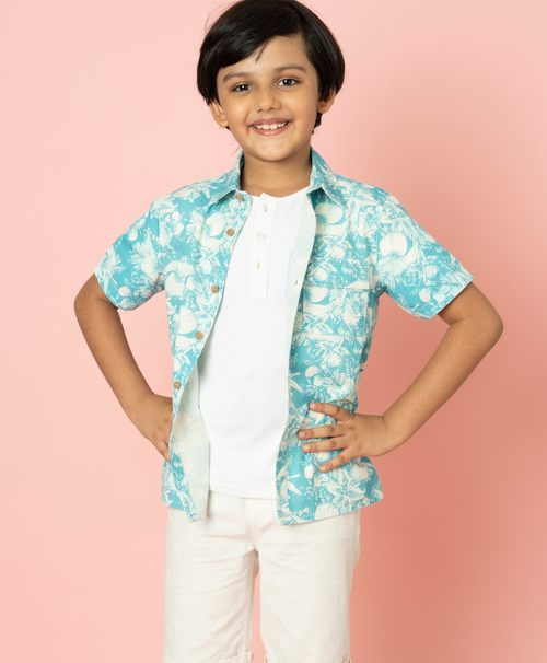 Blue and White Floral Printed Shirt - White