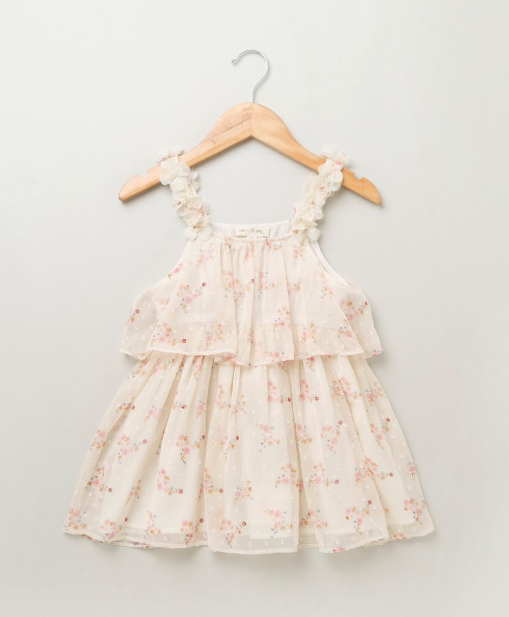 Floral Dobby Printed Layered Dress - White