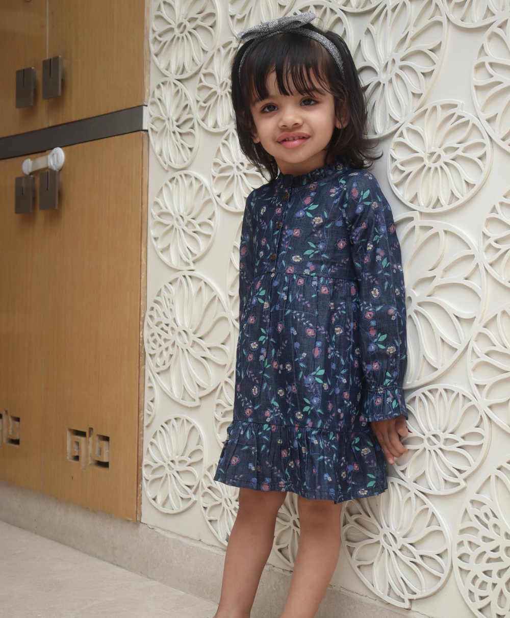 Cotton Denim All Over Floral Printed Dress - Navy
