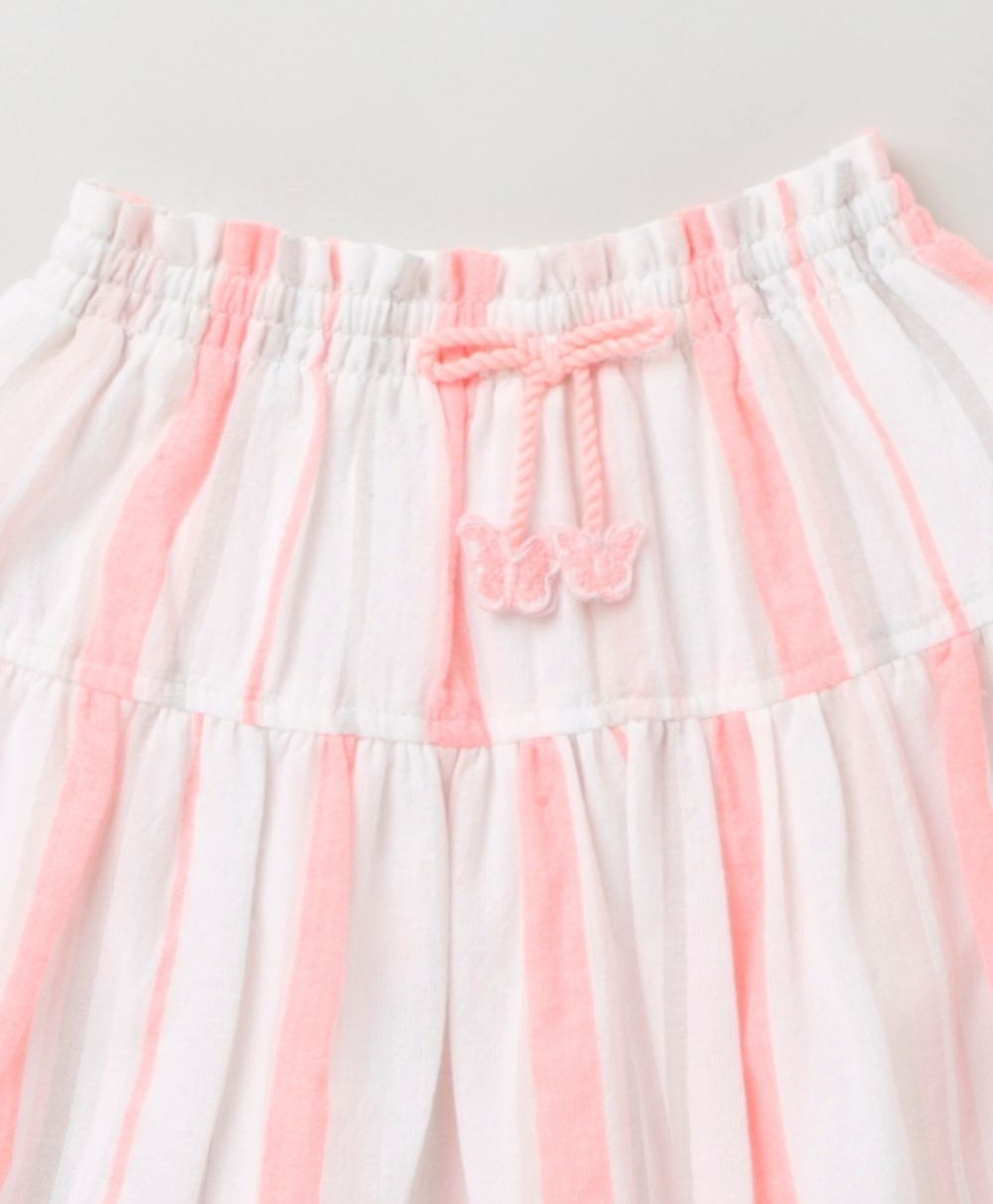 Butterfly Printed Cotton Top with Striped Skirt - Pink & White