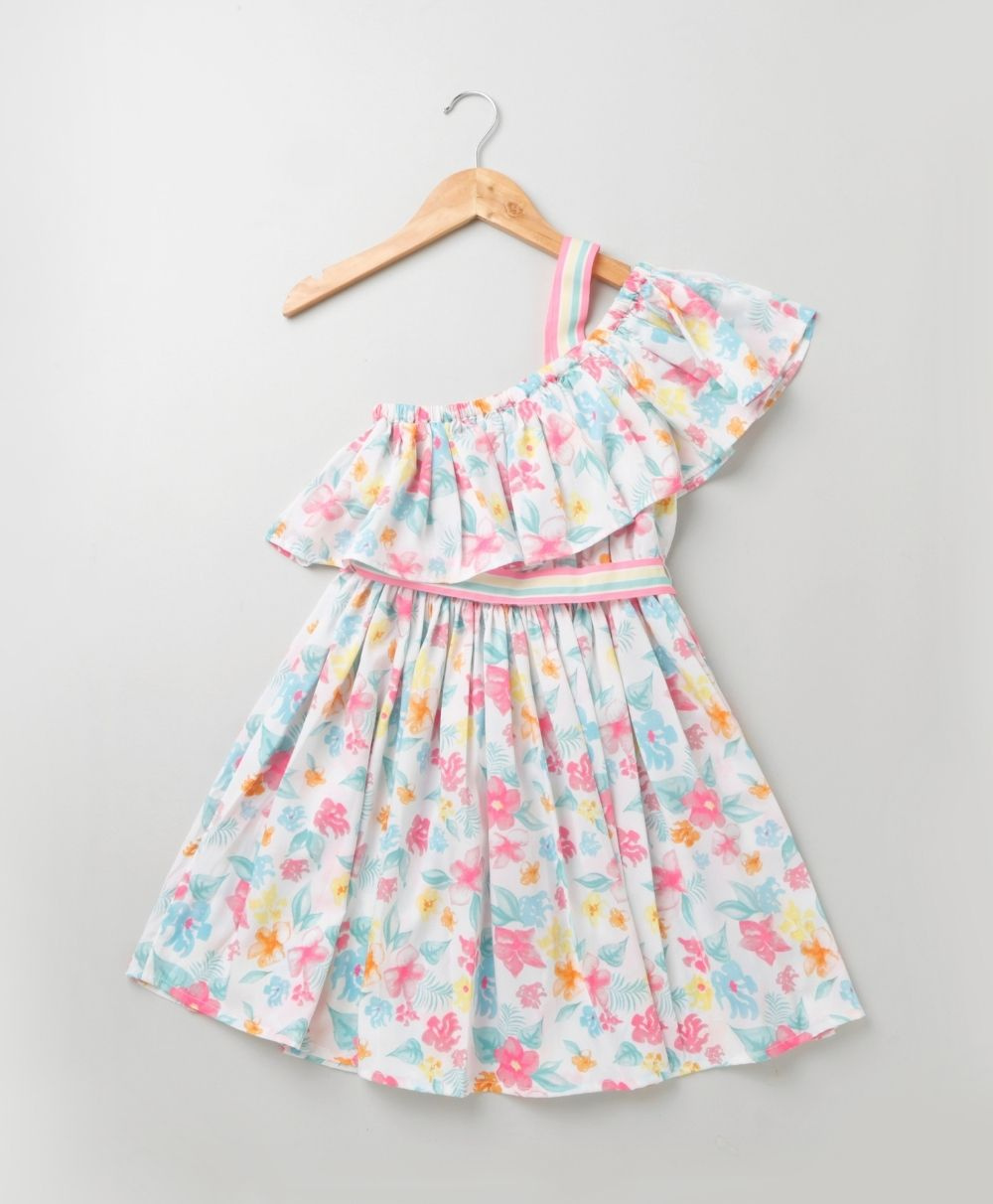 Neon Floral Printed Dress - White