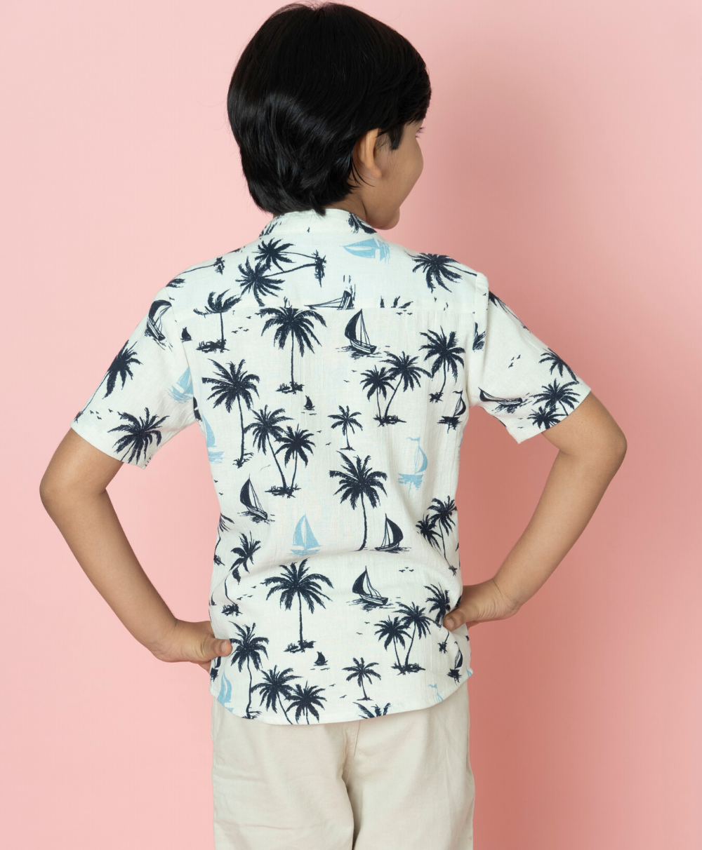Sail Boat and Palm Tree Print Cotton Shirt - White