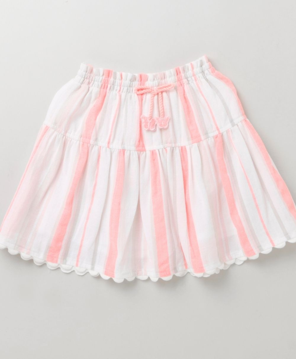 Butterfly Printed Cotton Top with Striped Skirt - Pink & White