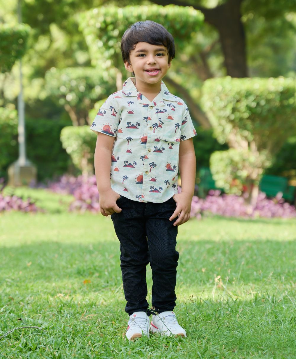Palm Trees and Sunset Print Cotton Linen Shirt - Beige
