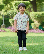 Palm Trees and Sunset Print Cotton Linen Shirt - Beige