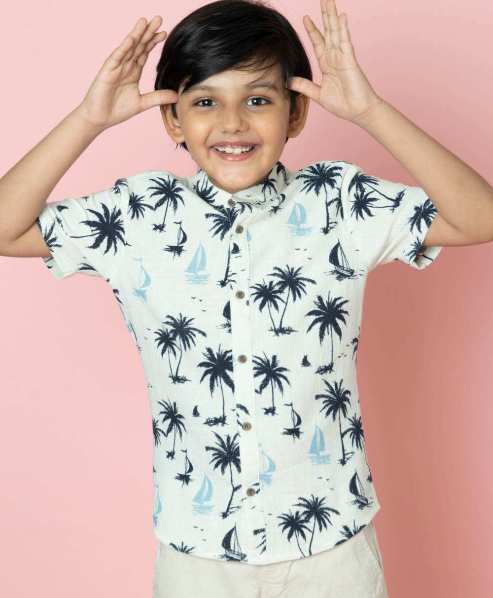Sail Boat and Palm Tree Print Cotton Shirt - White