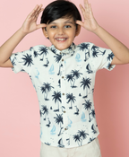 Sail Boat and Palm Tree Print Cotton Shirt - White
