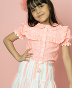 Butterfly Printed Cotton Top with Striped Skirt - Pink & White