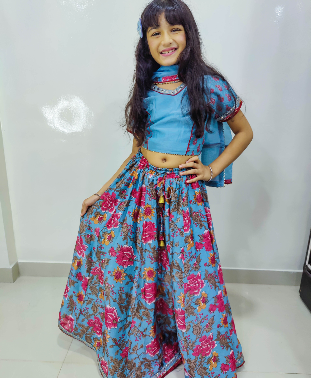 Printed Chanderi Lehenga Choli with Poly Dupion Dupatta - Blue