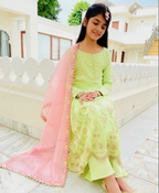 Kurta with Plazzo & Contrast Pink Duppatta - Green