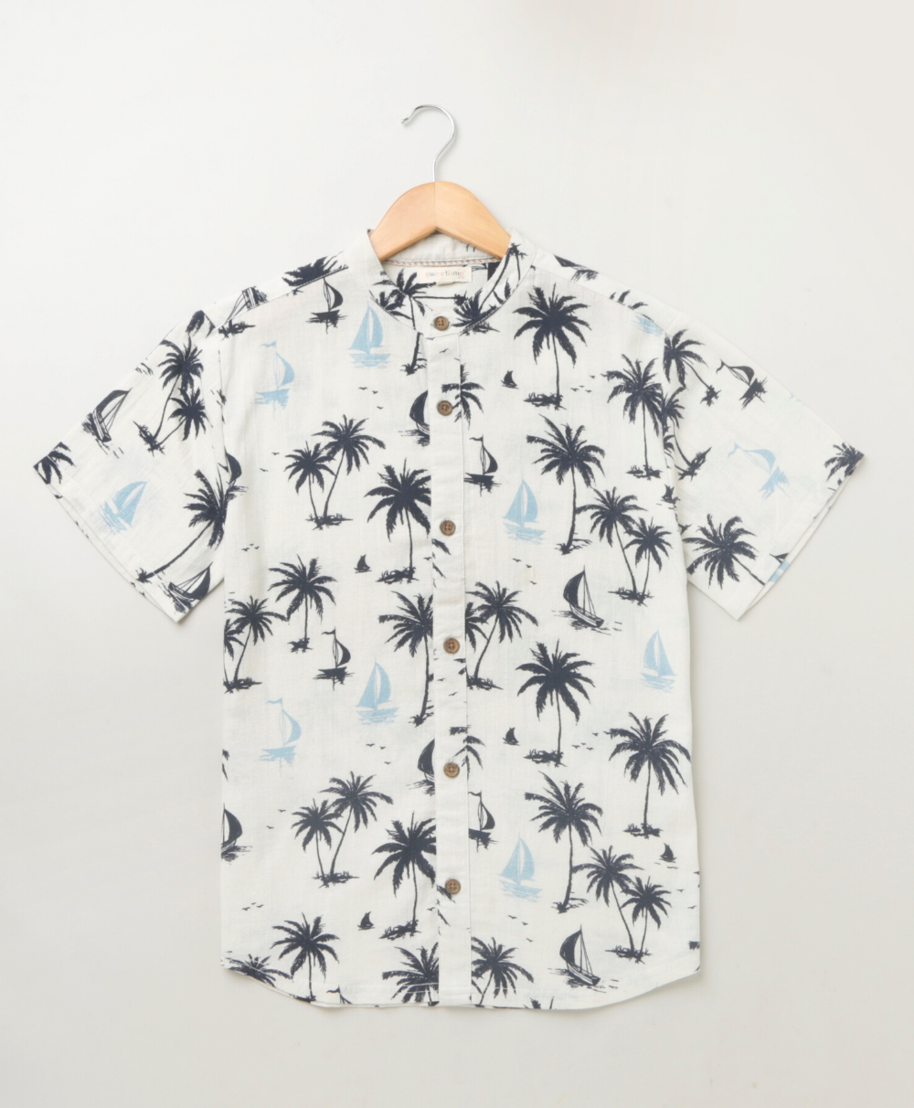 Sail Boat and Palm Tree Print Cotton Shirt - White