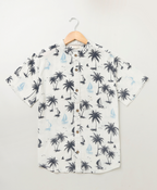 Sail Boat and Palm Tree Print Cotton Shirt - White