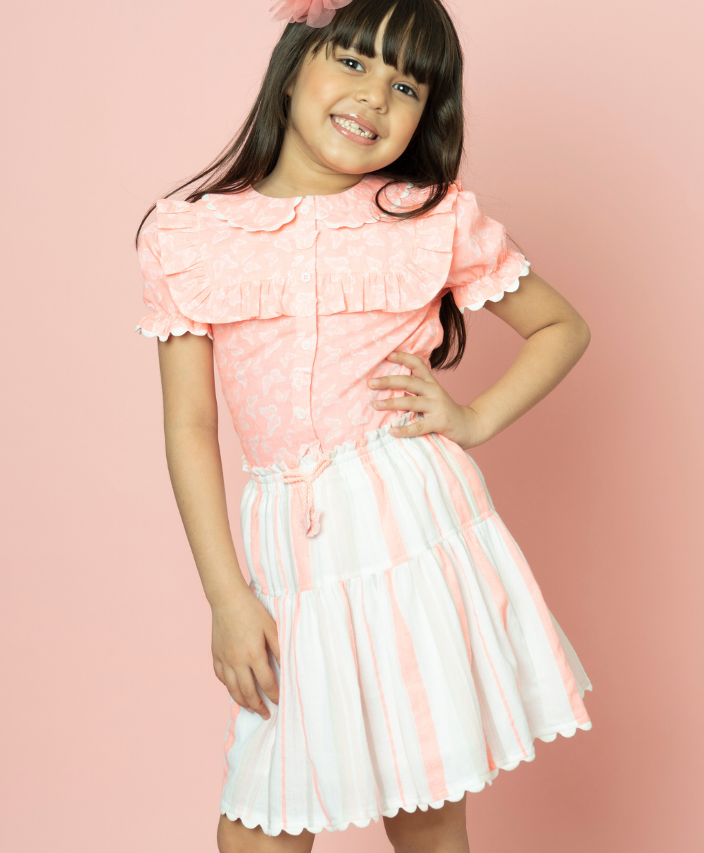 Butterfly Printed Cotton Top with Striped Skirt - Pink & White